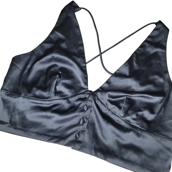 Free People Back & Forth Brami Satin Black Crop Top haulter Cross-Back Straps S - Picture 3 of 10